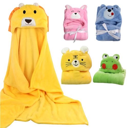 Set of colorful hooded towels shaped like animals on a white background
