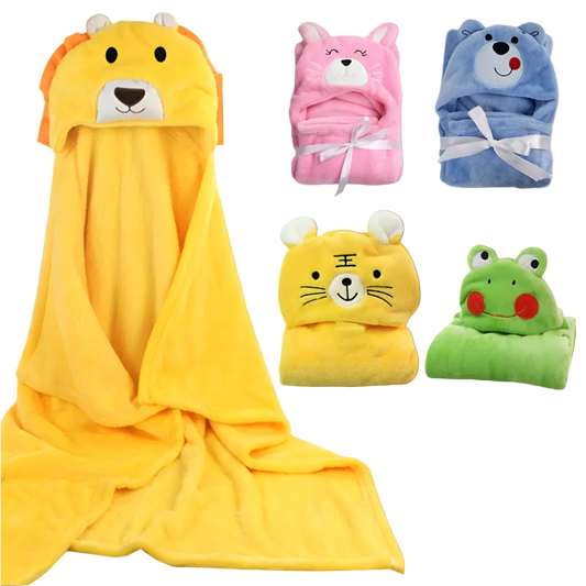 Set of colorful hooded towels shaped like animals on a white background