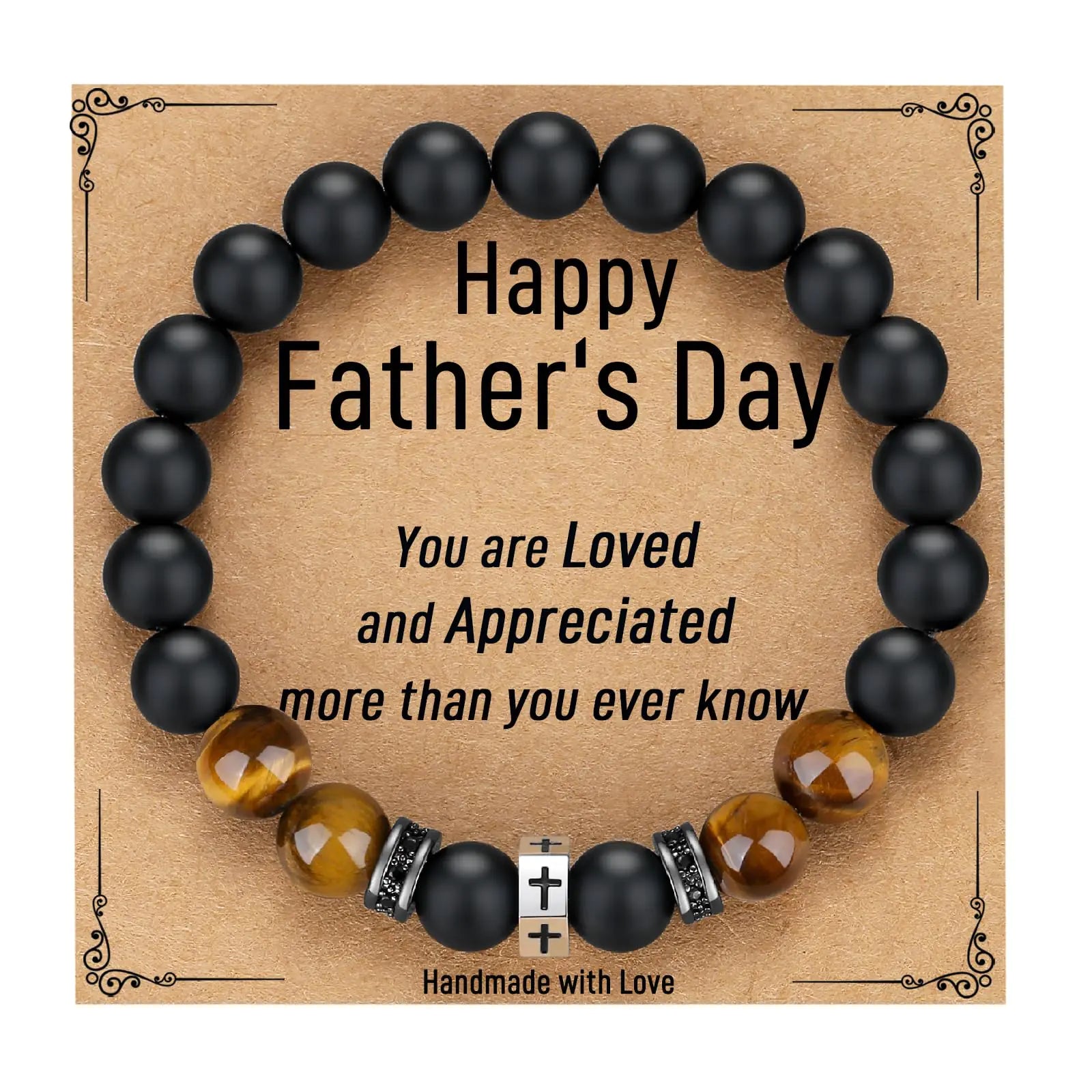 Black beaded bracelet with decorative elements on a 'Happy Father's Day' card.