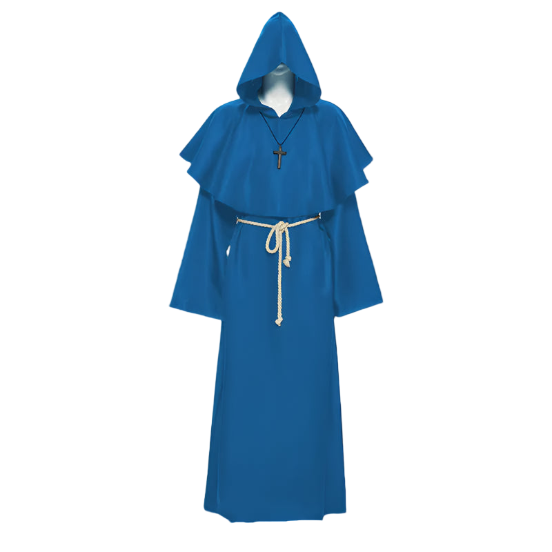 Blue robe with hood and belt on a white background