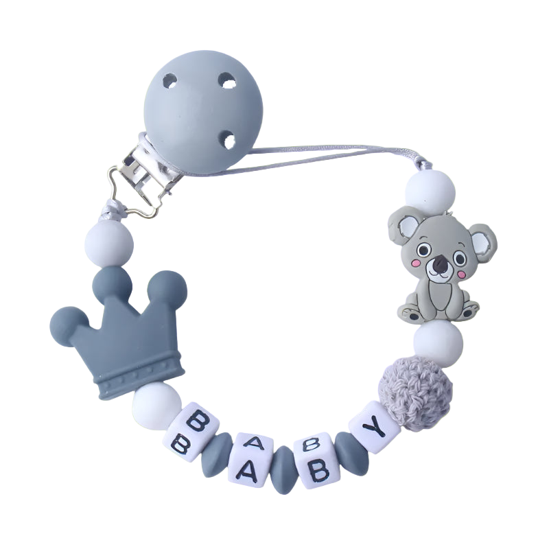 Baby teething toy with silicone beads and a crown design on a white background