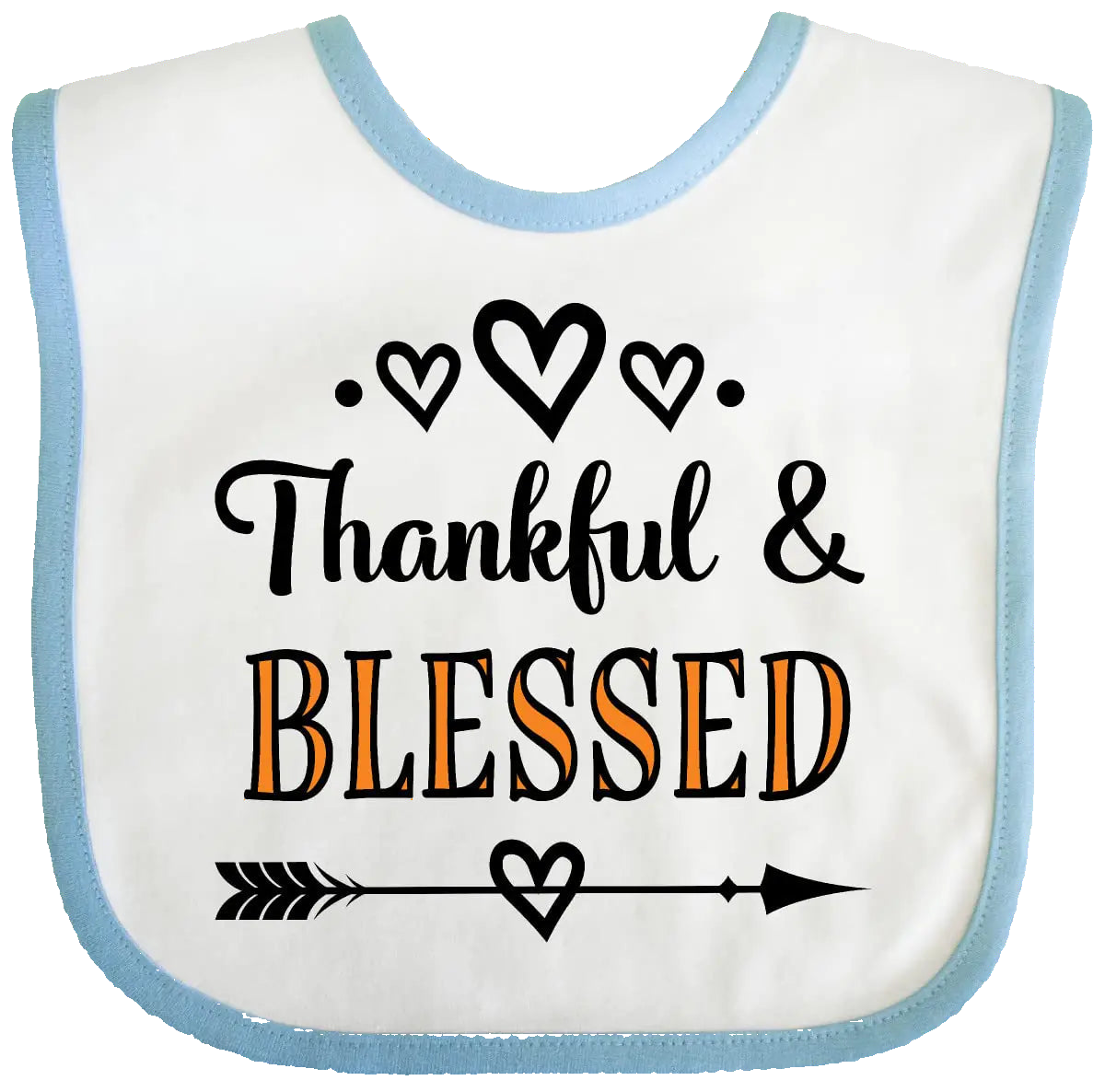 Baby bib with 'Thankful & Blessed' text on a white background