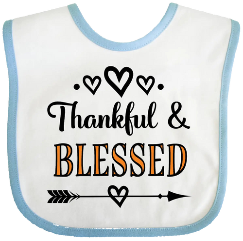 Baby bib with 'Thankful & Blessed' text on a white background