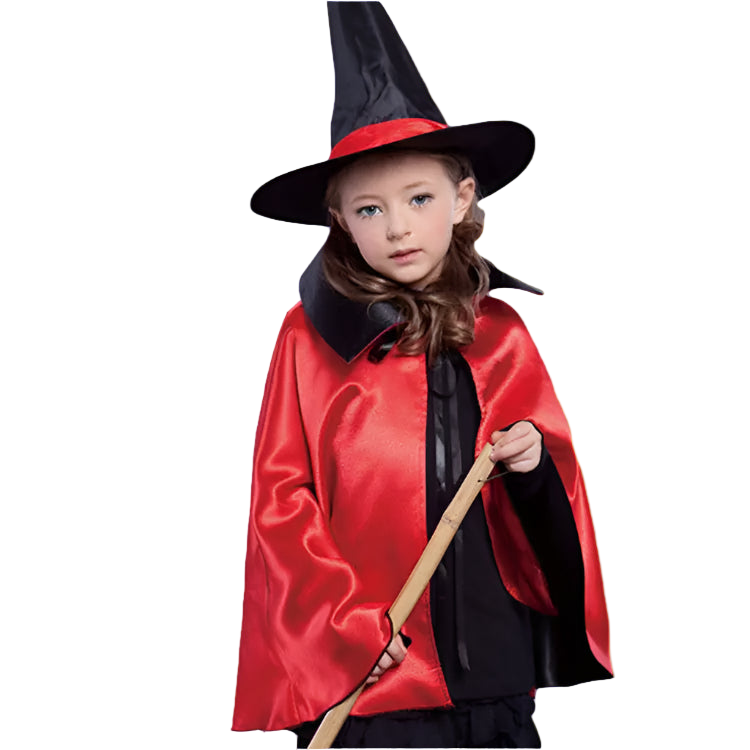 Child wearing a red witch costume with a black hat and cape on a white background