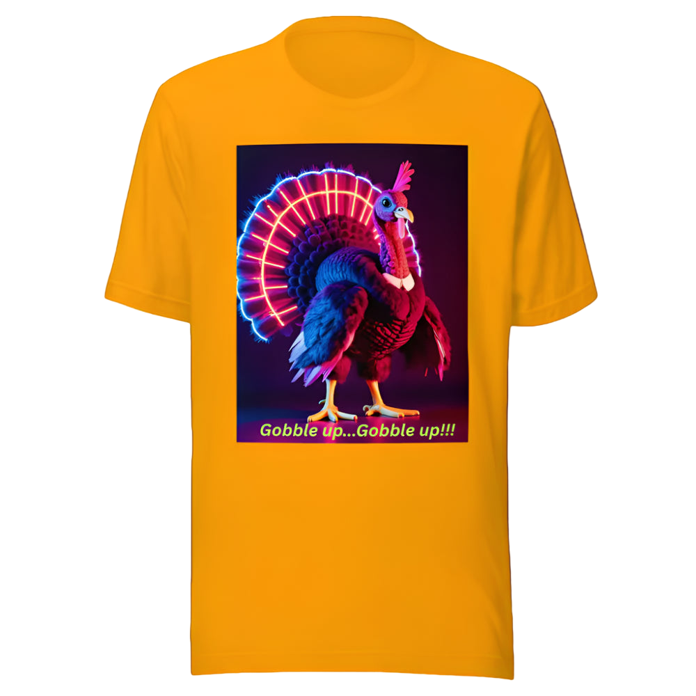 Yellow t-shirt with a colorful turkey graphic and text on a white background