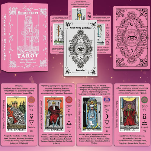 Pink tarot card set with deck, guidebook, and cards displayed.