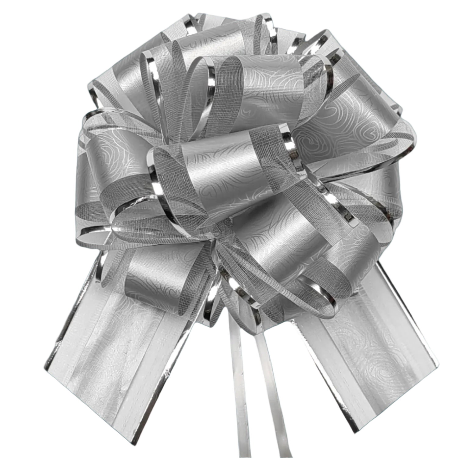 Silver decorative bow with intricate patterns on a white background
