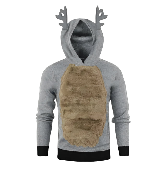 Gray hoodie with faux fur chest patch and deer antlers on a white background
