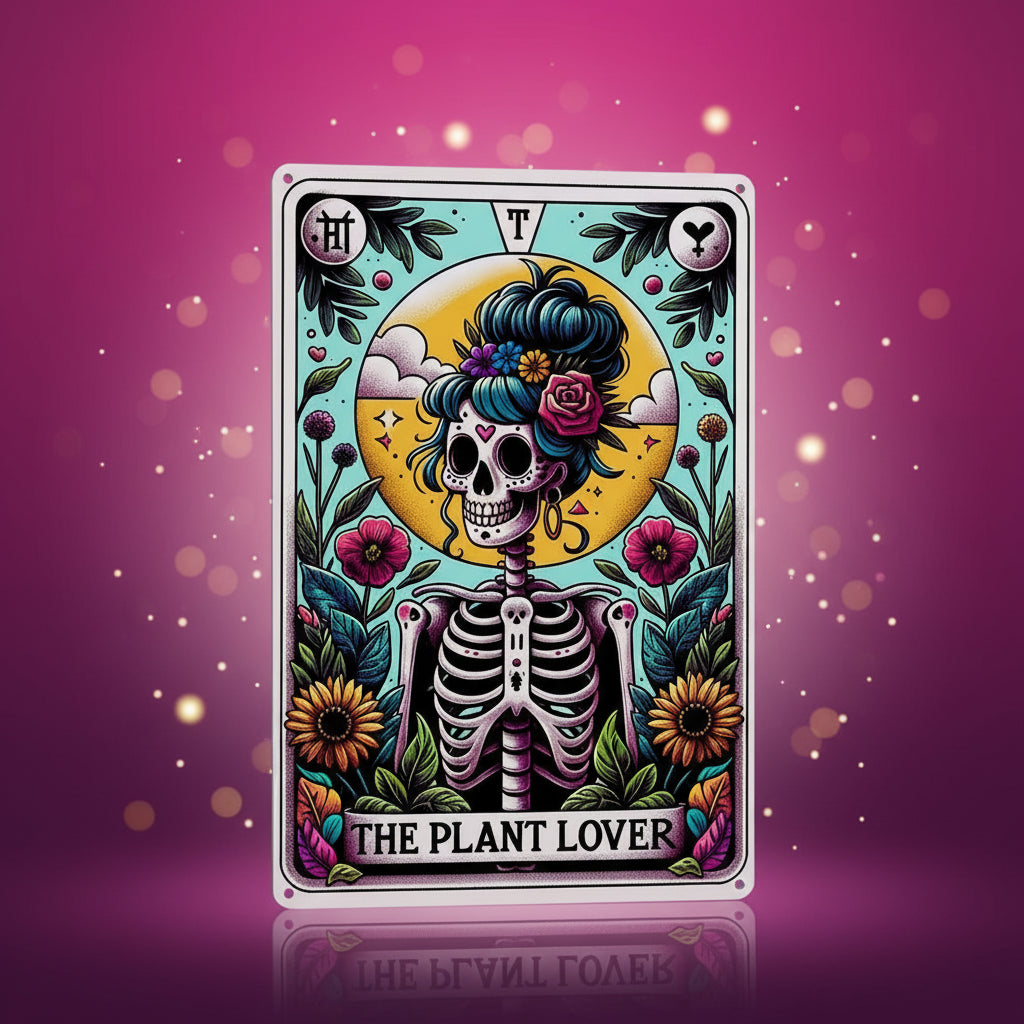Card featuring a skeleton with colorful hair and flowers, titled 'The Plant Lover', on a white background.