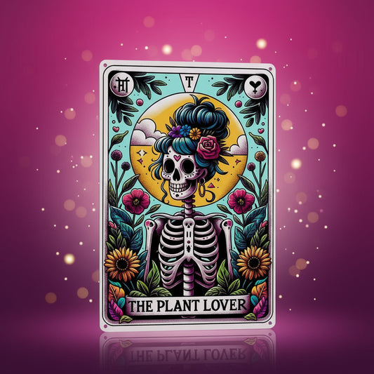 Card featuring a skeleton with colorful hair and flowers, titled 'The Plant Lover', on a white background.