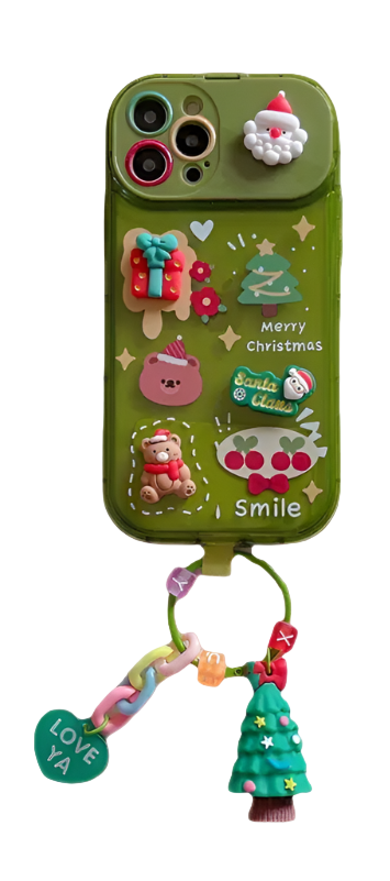 Green phone case with Christmas-themed decorations on a white background