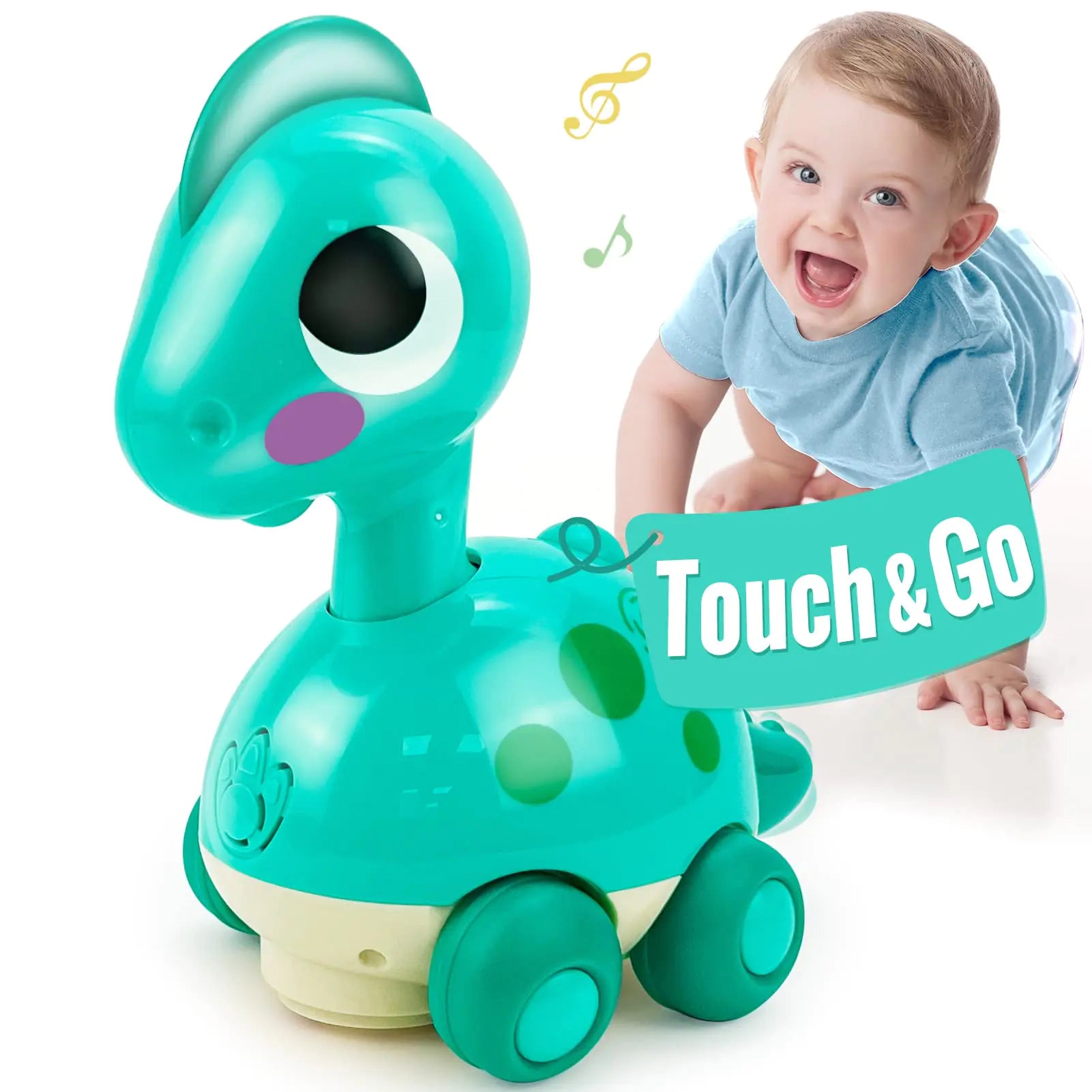 Toy dinosaur with 'Touch & Go' text next to a child