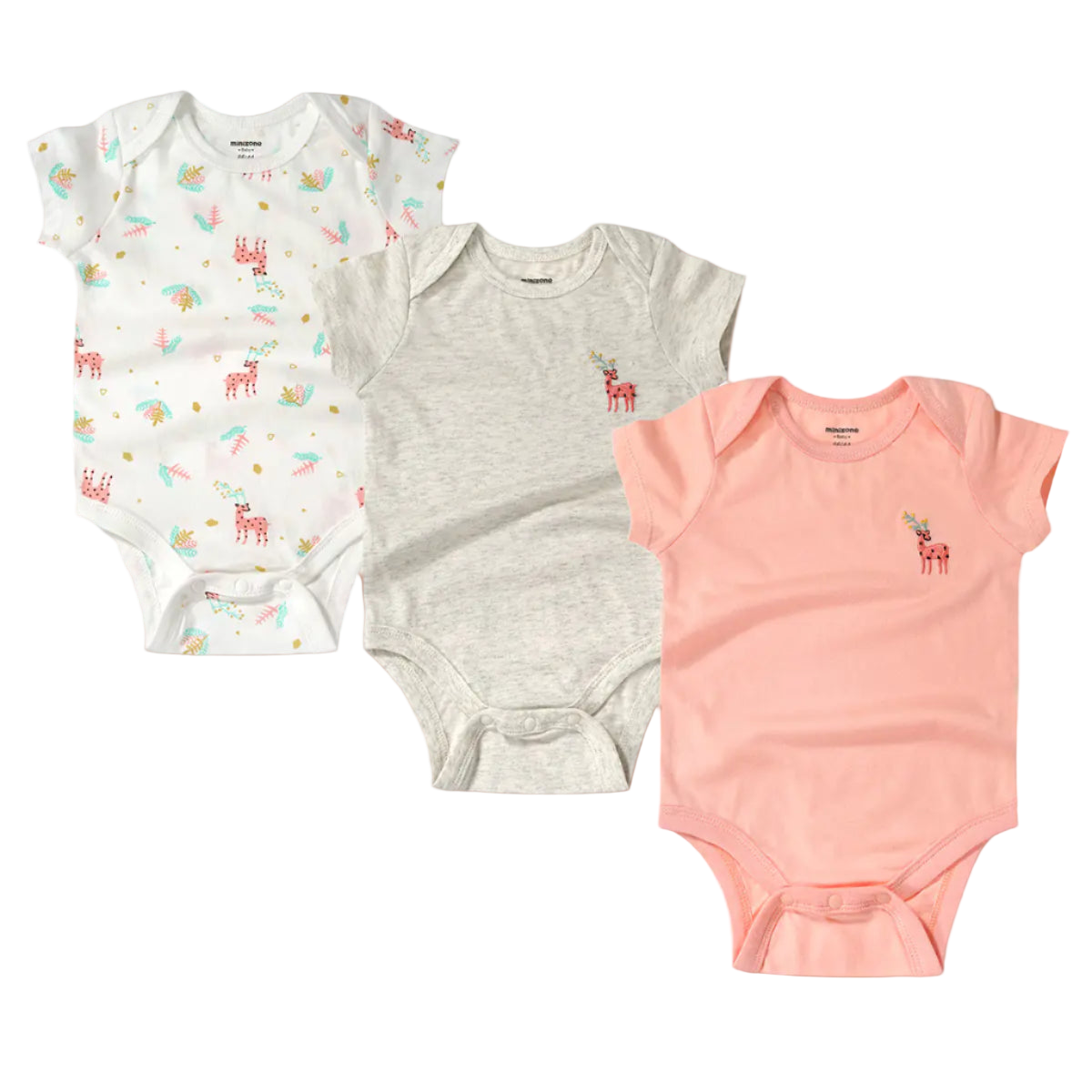 Three baby bodysuits in white, gray, and pink with deer patterns on a white background
