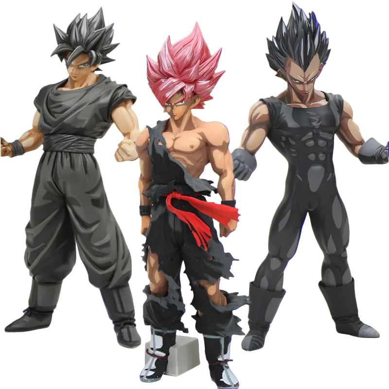 Three action figures with unique hairstyles and outfits on a white background