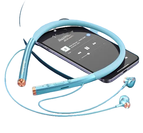 Blue wireless earbuds with a smartphone displaying music app on a light blue background