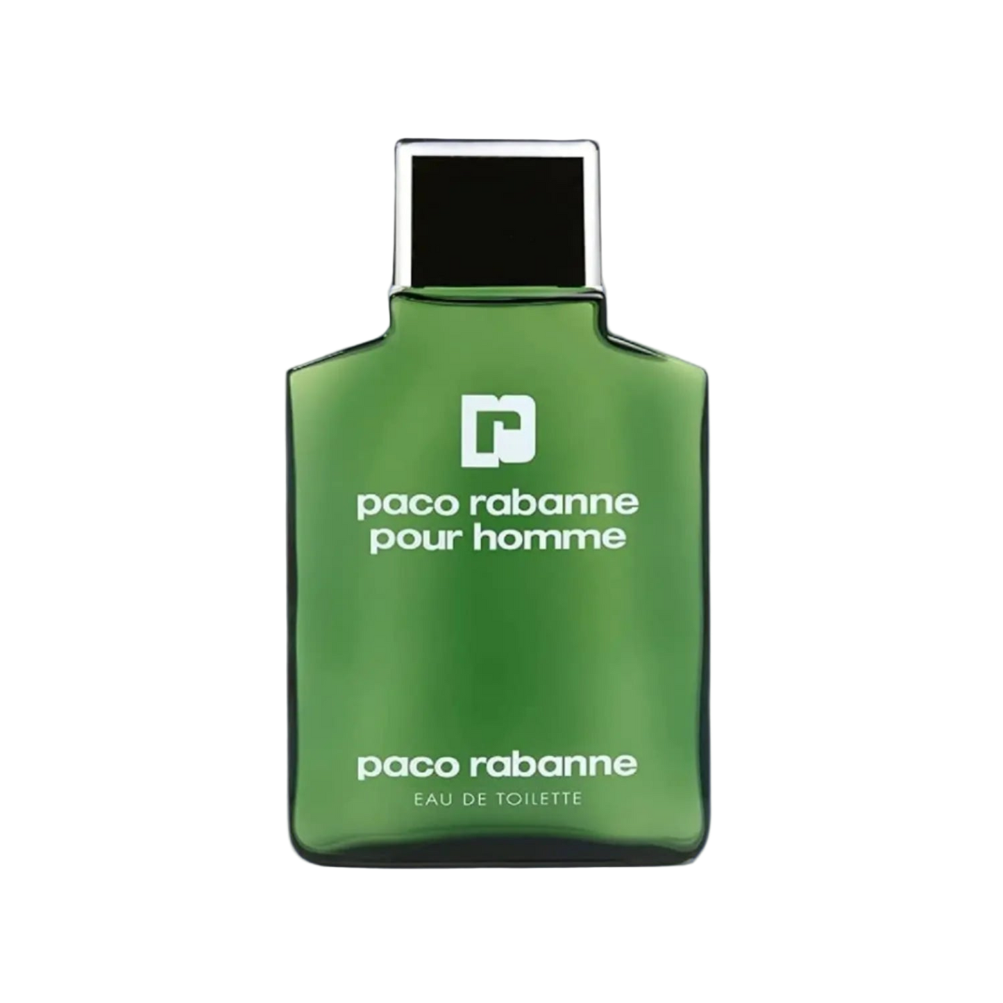 Green perfume bottle with 'Paco Rabanne' branding on a white background