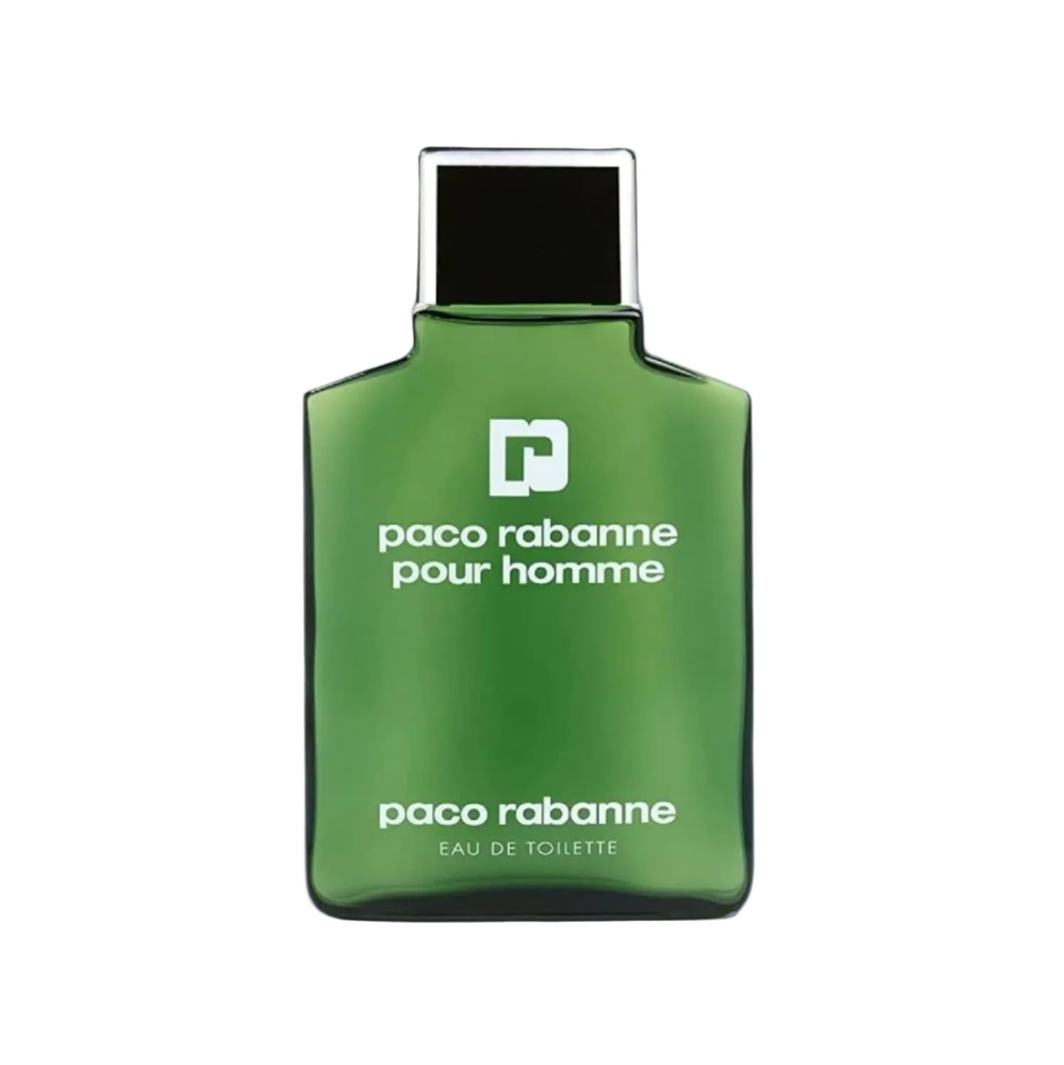 Green perfume bottle with 'Paco Rabanne' branding on a white background