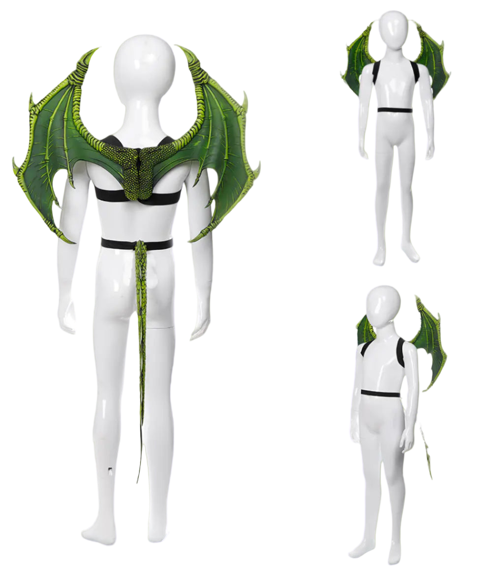 Green dragon costume on a mannequin with multiple angles shown.
