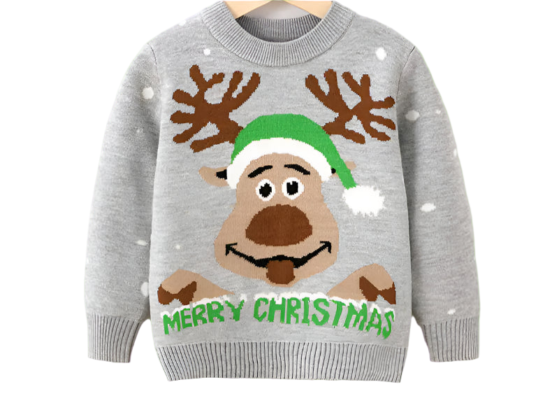 Gray children's sweater with reindeer design and 'Merry Christmas' text on a white background