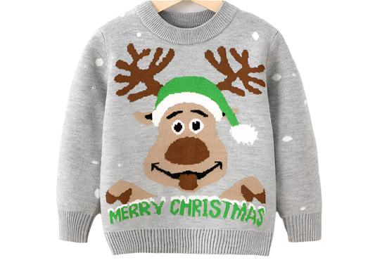 Gray children's sweater with reindeer design and 'Merry Christmas' text on a white background