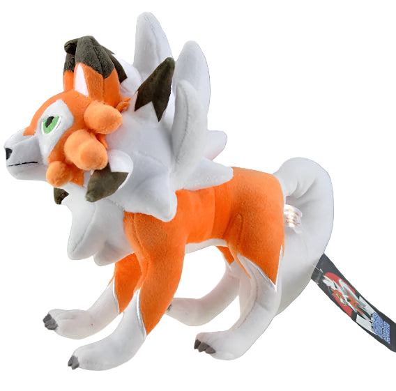 Plush toy of a fox-like creature with orange and white fur on a dark background