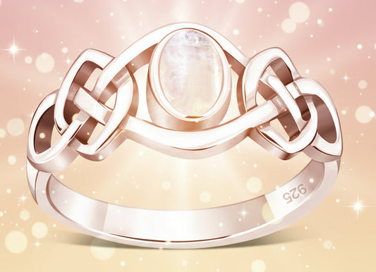 Silver ring with a central gemstone on a white background