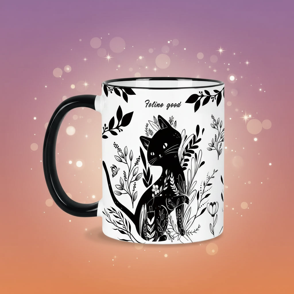 White mug with black cat illustration and floral design, featuring the text 'Feline good'.