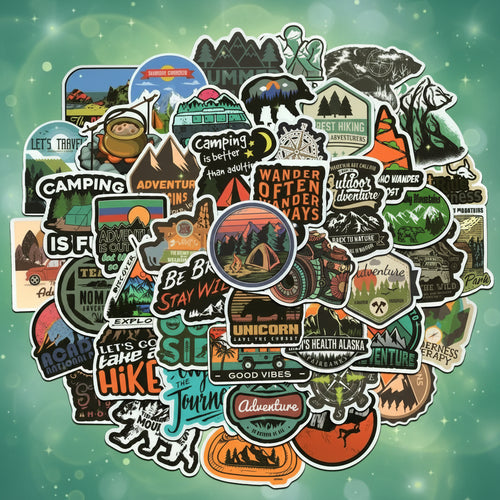 Collection of various outdoor-themed stickers on a white background