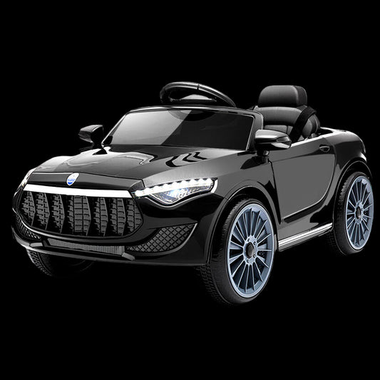 Black toy car with detailed design on a white background