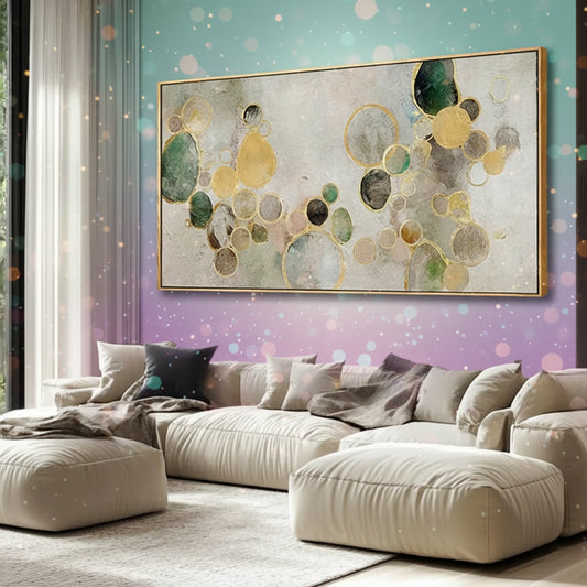 Modern living room with a large abstract painting on the wall above a sectional sofa.