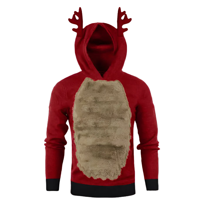 Red hoodie with reindeer antlers and a beard on a white background