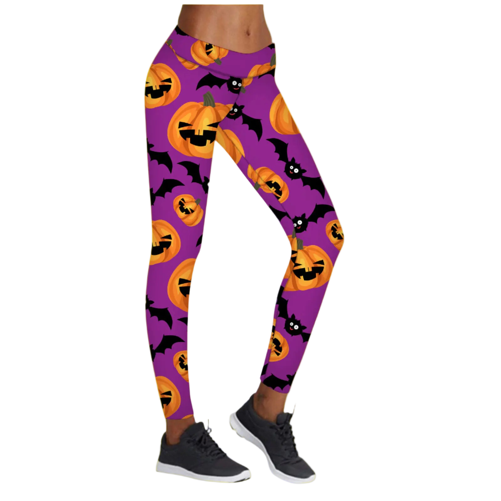 Leggings with Halloween pumpkin and bat pattern on a purple background