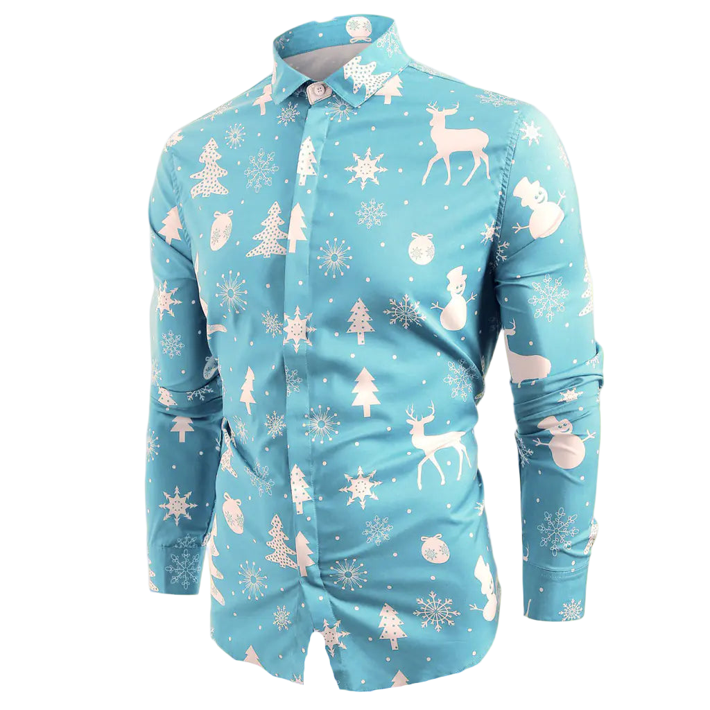 Blue shirt with winter-themed pattern on a white background