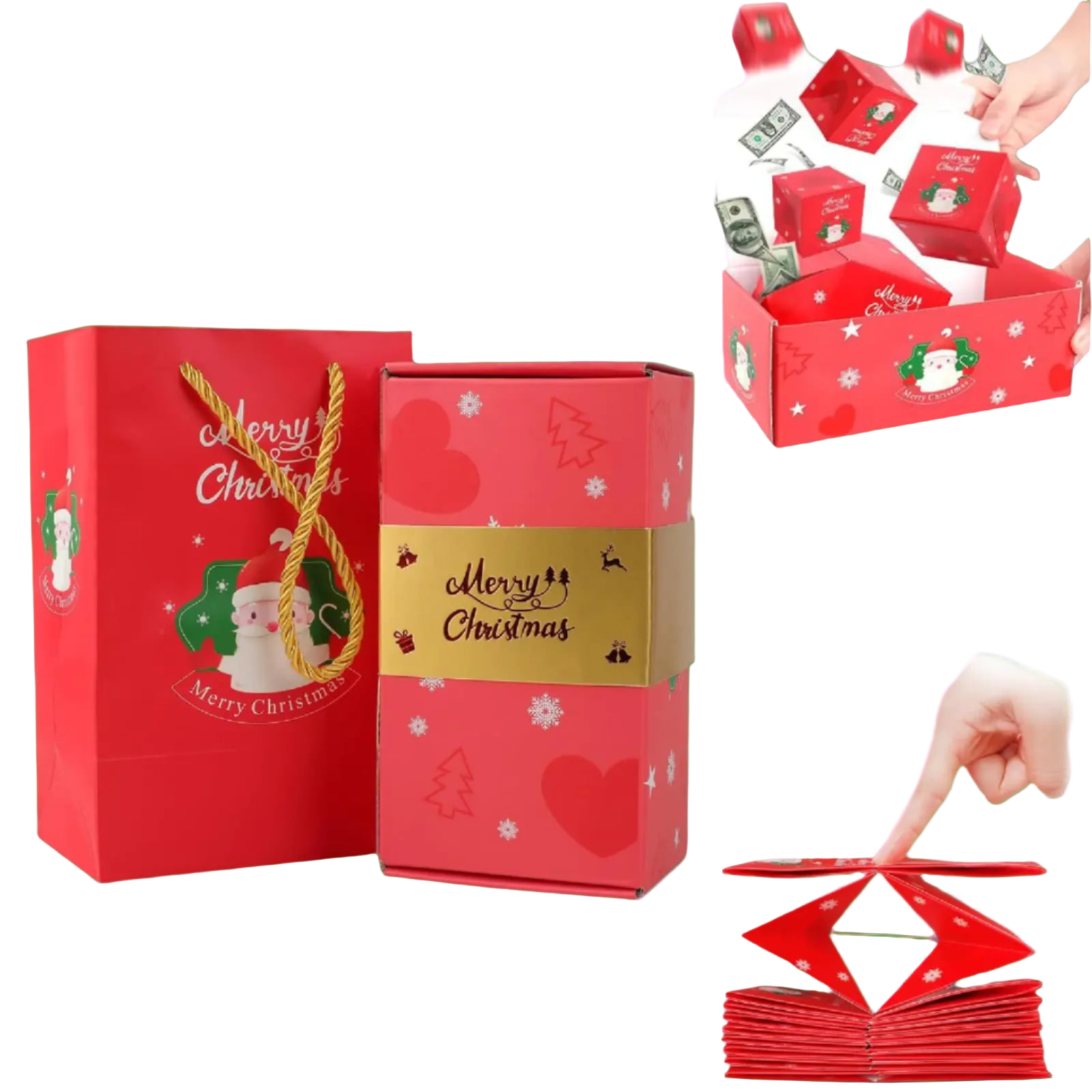 Red Christmas-themed gift box with 'Merry Christmas' text and decorative elements.