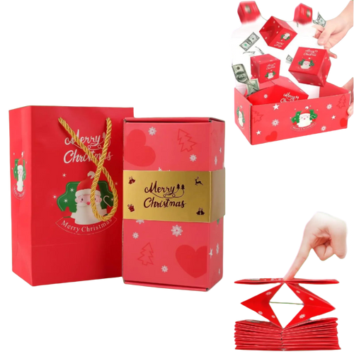 Red Christmas-themed gift box with 'Merry Christmas' text and decorative elements.