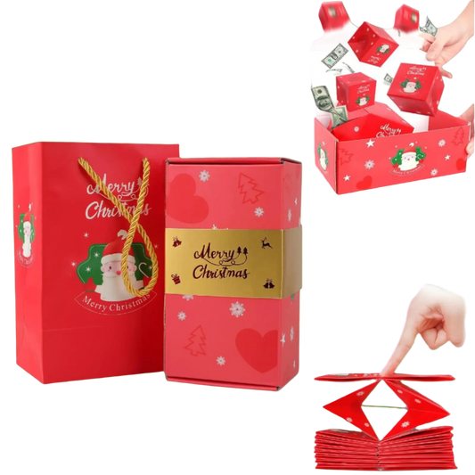Red Christmas-themed gift box with 'Merry Christmas' text and decorative elements.