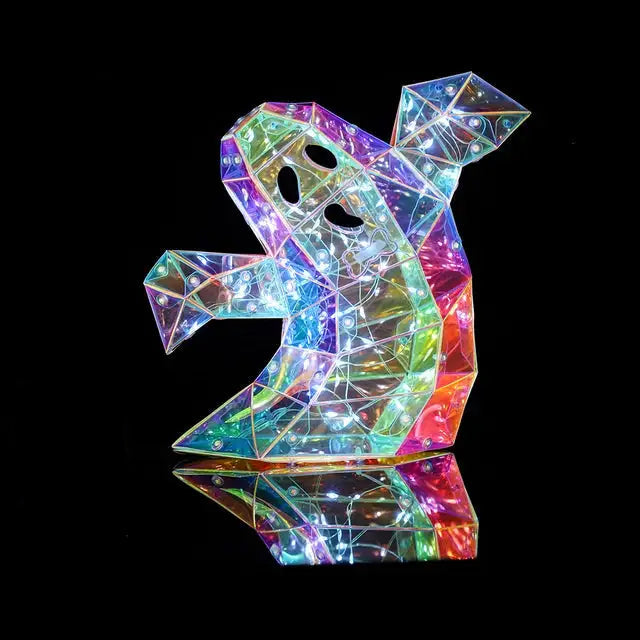 Colorful geometric ghost figure on a black background