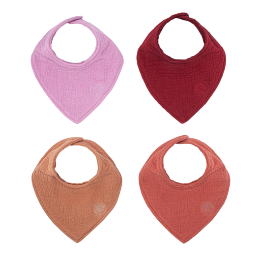 Four baby bibs in pink, red, and brown on a white background