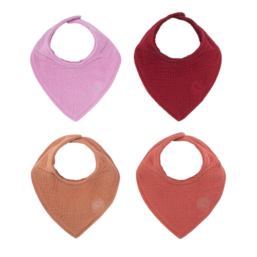 Four baby bibs in pink, red, and brown on a white background