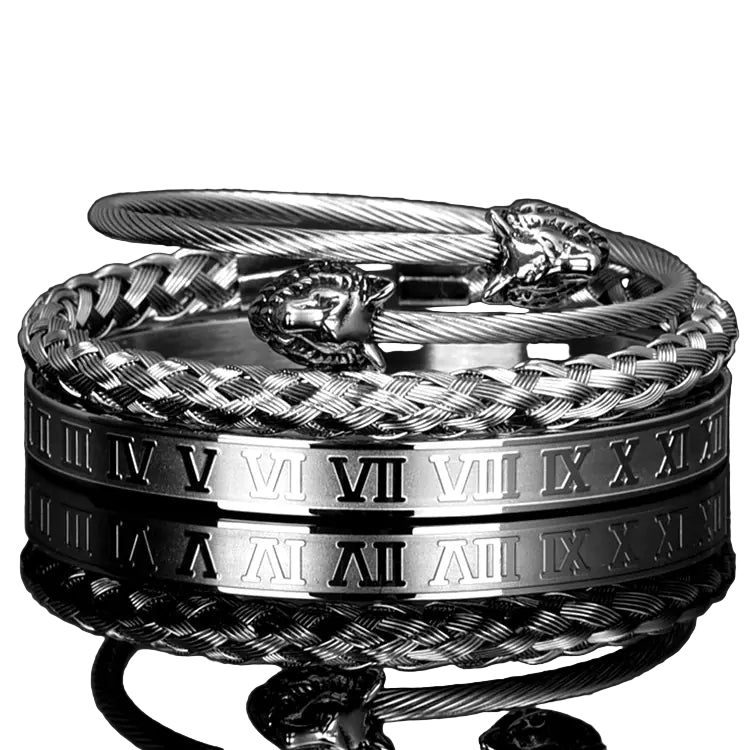 Silver bracelet with braided design and Roman numeral engraving on a reflective surface.