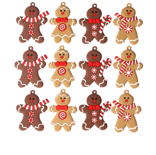 Set of gingerbread man ornaments with various decorations on a white background