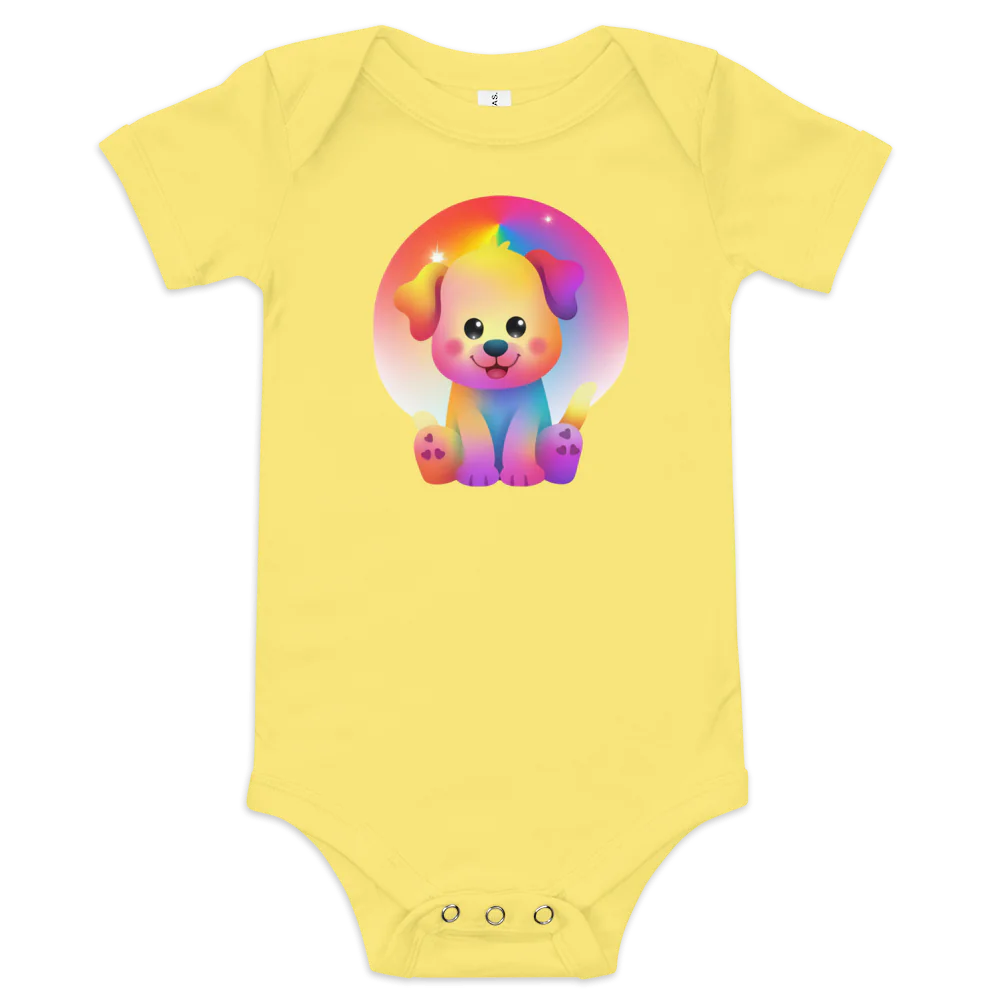 Yellow baby onesie with a colorful cartoon dog design on a white background