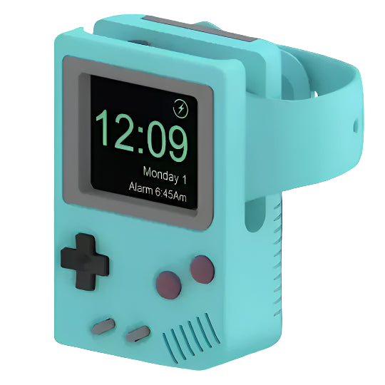 Teal digital watch with Game Boy design on a white background
