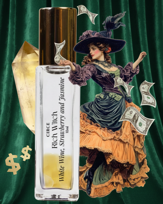 Perfume bottle with vintage-style illustration of a woman and money symbols on a white background