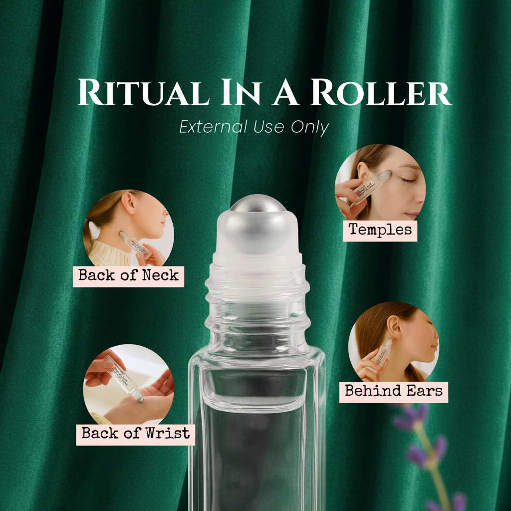 Clear roller bottle with silver cap on a pink background with application instructions.
