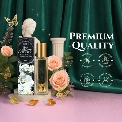 Perfume bottle with packaging on a pink background with roses and butterflies