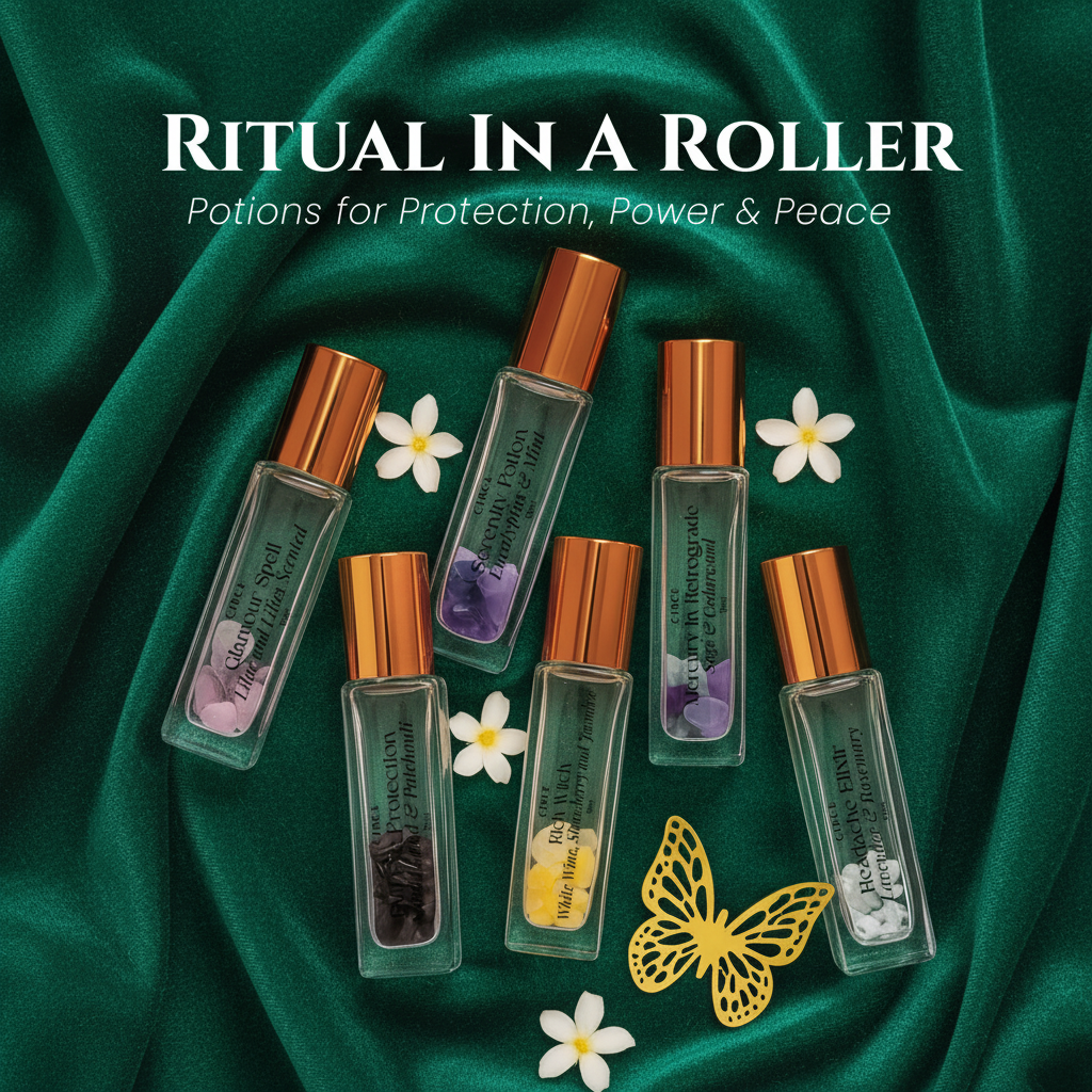 Roller bottles with gold caps on a pink background, featuring text about rituals and protection.