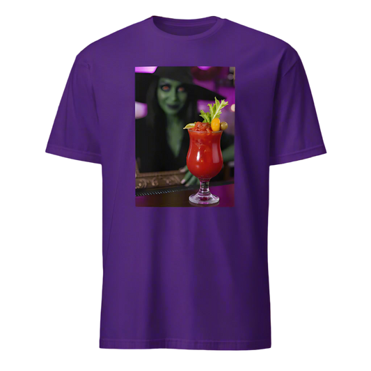 Purple t-shirt with a graphic of a green witch and a Bloody Mary cocktail on a white background