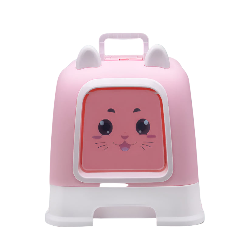 Pink pet carrier with a cartoon face design on a white background