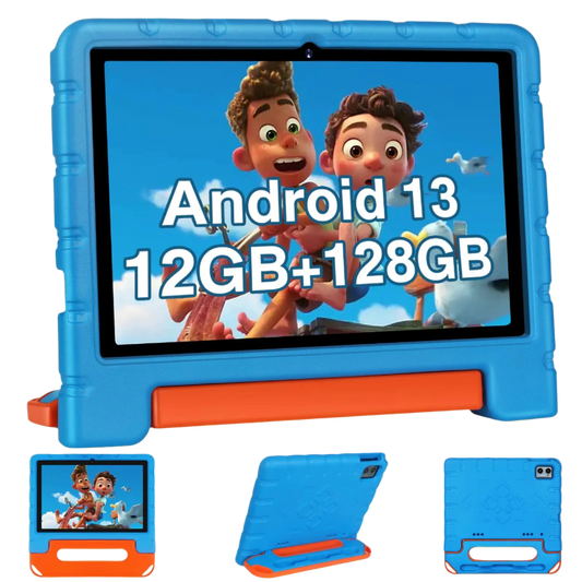 Tablet with blue and orange case featuring cartoon characters and text about Android version and storage capacity.